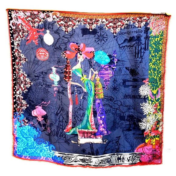 Christian LaCroix Silk Scarf Vintage 80s Asia NWOT Cartes de Voyages Series - Picture 10 of 14